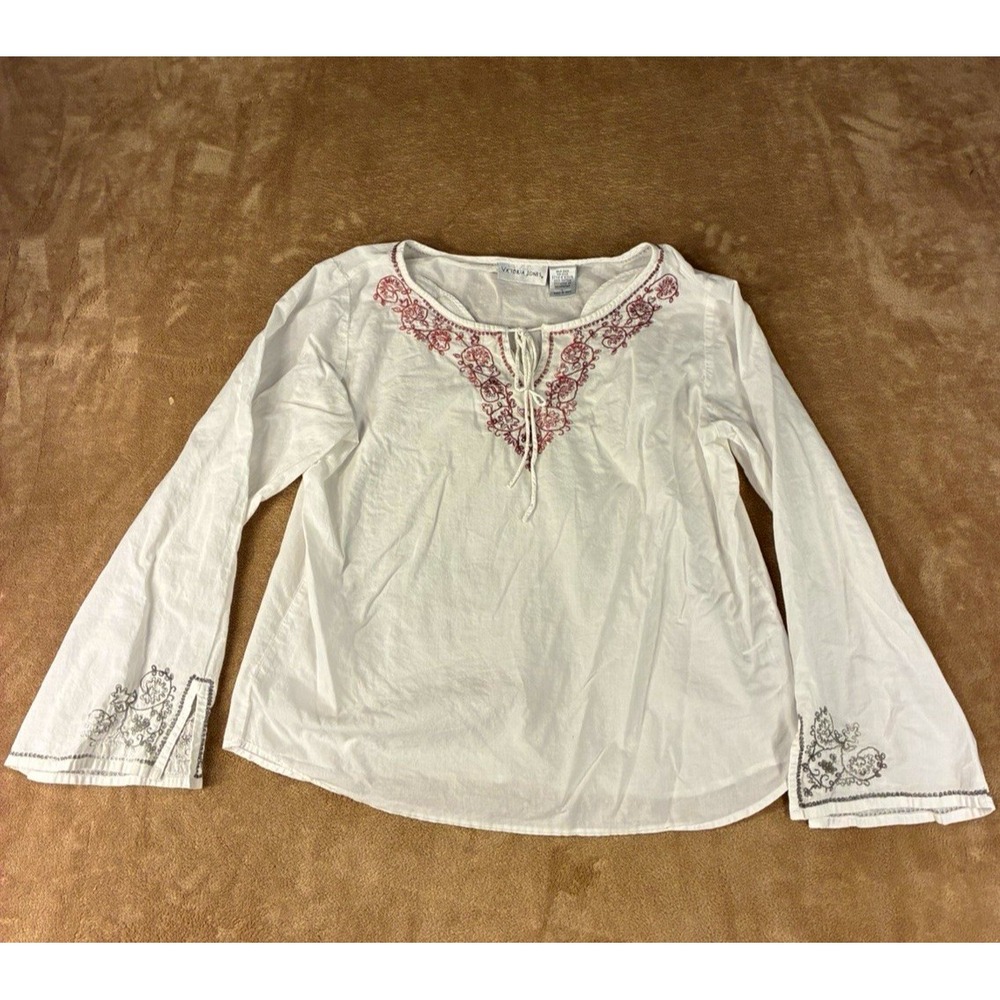 VTG Victoria Jones Womens Blouse L White Embroidered Floral Peasant Cottagecore